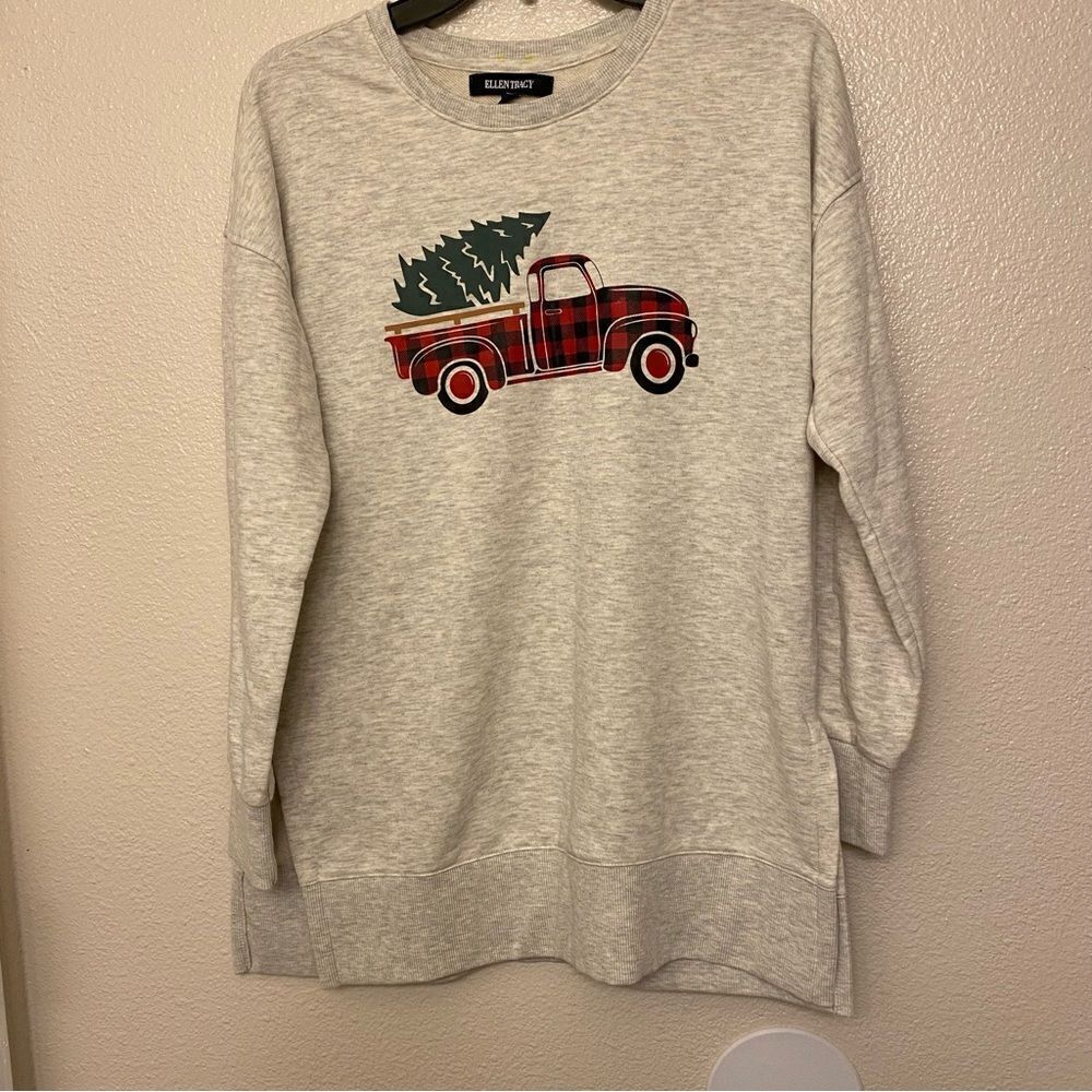 Ellen Tracy Christmas Tree Truck Holiday Sweatshirt Heather Gray Sz Small
